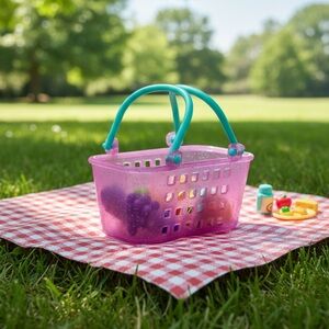 *M7 Shopkins Shopping toy Baskets
glittery pink basket with teal handles